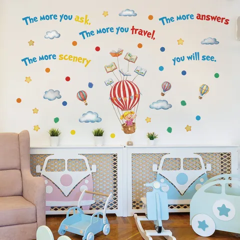 Modern PVC Cartoon Giraffe Hot Air Balloon Wall Sticker Motivational English Quotes Removable Self Adhesive Decal For Kids Bedroom Living Room Decor