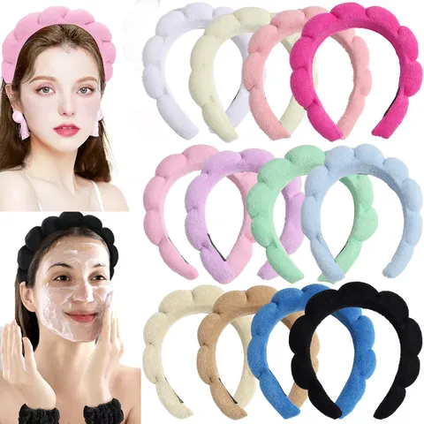 Serre-tête en Éponge Nuage Gonflé pour Femmes Couleur Unie Tissu Serviette Bandeau Soin Cheveux Minimaliste Lavage Visage Maquillage Spa