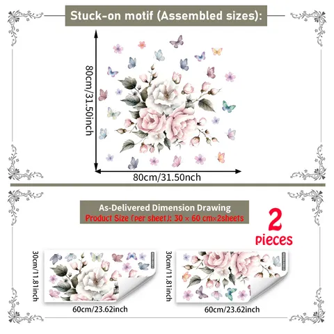 Aquarell Rosa Weiße Rose Blume Schmetterling Wandtattoo Selbstklebend PVC Floral Wandaufkleber Für Wohnzimmer Schlafzimmer Home Decoration