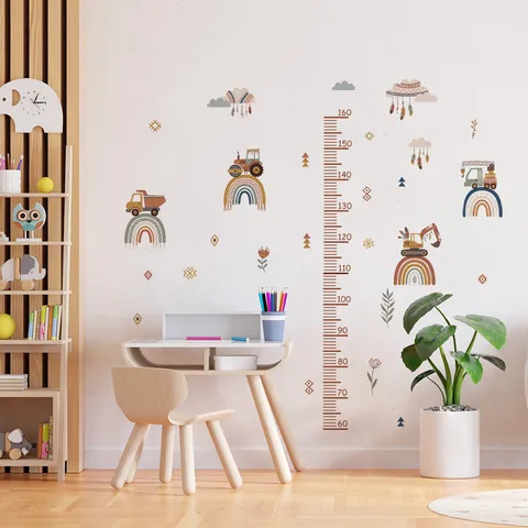 Bohemian Cartoon Animal Rainbow Engineering Vehicle Kids Height Chart Wall Sticker Self Adhesive PVC Growth Measuring Decal For Children Bedroom Playroom Home Decoration
