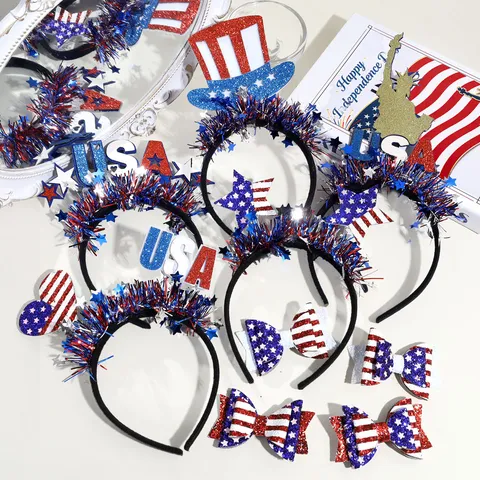 USA Independence Day Flag Headband USA Letter Tinsel Party Hair Hoop Red Blue White Color Block Festival Hair Accessories Women Girls