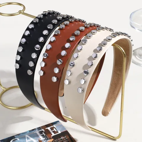 Damen Retro Niete Breit Haarband PU-Leder Metallnieten Haarschmuck Punk Mode Rutschfest Kopfschmuck Accessoires
