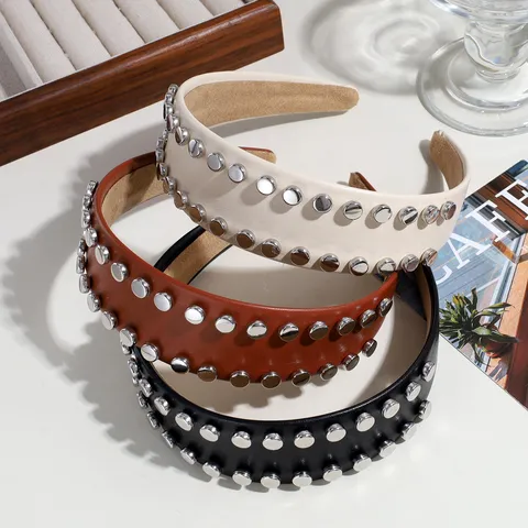 Damen Retro Niete Breit Haarband PU-Leder Metallnieten Haarschmuck Punk Mode Rutschfest Kopfschmuck Accessoires