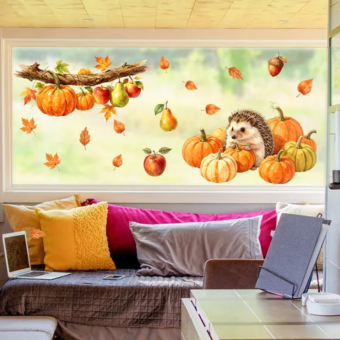 Autumn Harvest Pumpkin Scarecrow Window Static Cling Double Sided Glass Decals Festive Home Shop Showcase Christmas Decoration Sticker