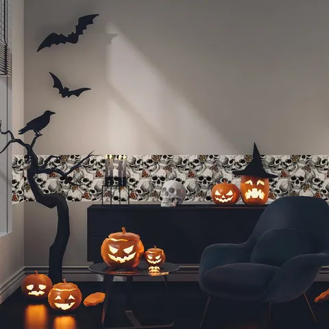 Halloween Aterrador Adhesivo de Cenefa Calavera PVC Autoadhesivo Gótico Patrón de Cabeza Calcomanía Decorativa para Ventana Hogar Escalera Decoración