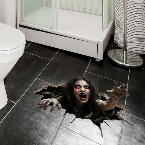 Halloween Ghost Break Through Wall Sticker 3D Stereoscopic Scary Female Ghost Floor Decal Waterproof PVC Home Halloween Party Decor