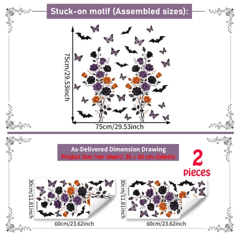 Halloween Wall Stickers PVC Black Purple Rose Bats Butterflies Printed Decal For Living Room Home Holiday Party Decor