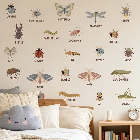 Cartoon Insect Educational Wall Stickers Printed PVC DIY Butterfly Ladybug Wall Decals For Kids Bedroom Living Room Home Decor