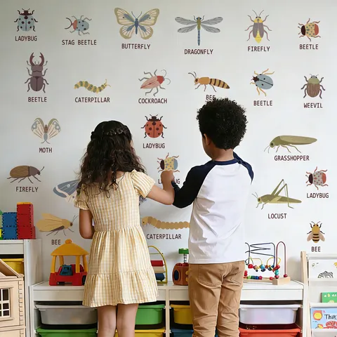 Cartoon Insect Educational Wall Stickers Printed PVC DIY Butterfly Ladybug Wall Decals For Kids Bedroom Living Room Home Decor