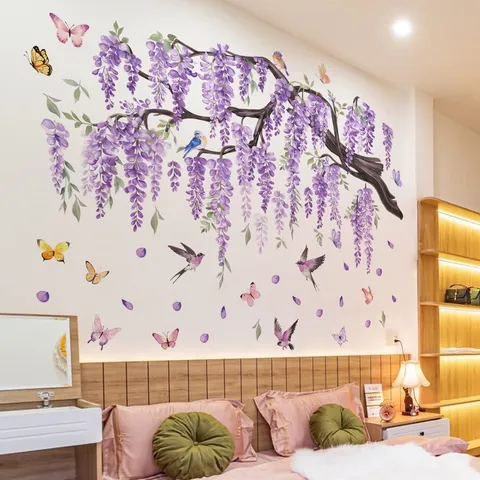 Aquarel Blauweregen Bloementak Vogel Vlinder Muurstickers Zelfklevende PVC Muursticker Voor Woonkamer Slaapkamer Huis Decoratie