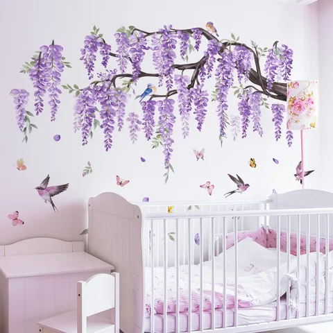 Aquarel Blauweregen Bloementak Vogel Vlinder Muurstickers Zelfklevende PVC Muursticker Voor Woonkamer Slaapkamer Huis Decoratie