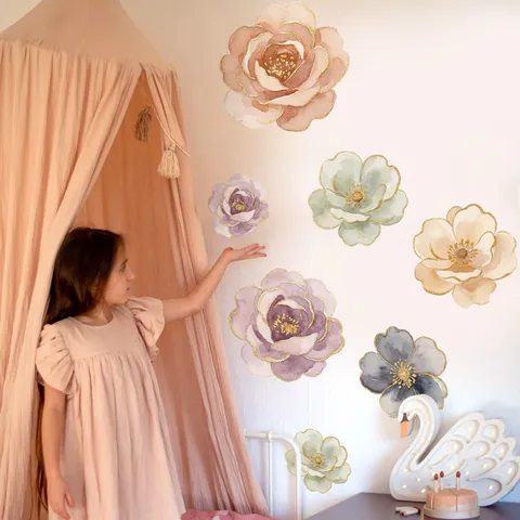 Pegatinas de Pared de Peonía Acuarela Borde Dorado Calcomanías Florales Autoadhesivo PVC Vinilo para Dormitorio Sala de Estar Baño Hogar
