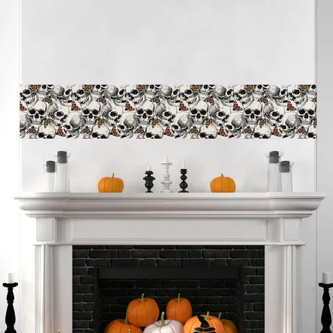 Halloween Skeleton Skull Wall Sticker Vintage Gothic Leopard Print Bow Border Decal Removable PVC Window Glass Door Tile Sticker