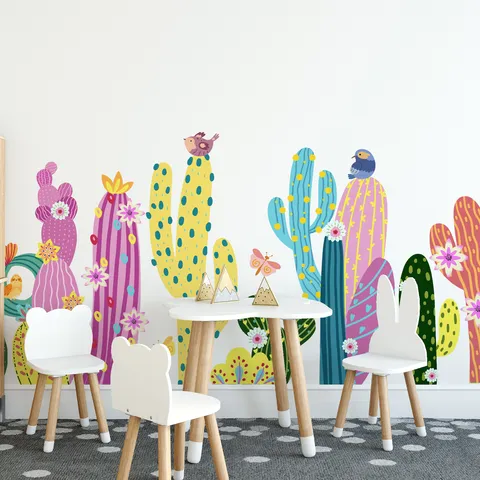 Watercolour Cactus Butterfly Wall Stickers Floral Plants PVC Removable Wall Decals Aesthetic Home Decor For Living Room Bedroom