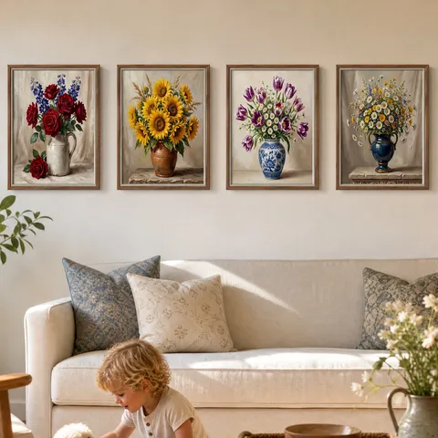 Vintage Olieverfschilderij Bloem Canvas Wanddecoratie Frameloos Minimalistisch Botanisch Bloemen Poster Voor Woonkamer Slaapkamer Decor