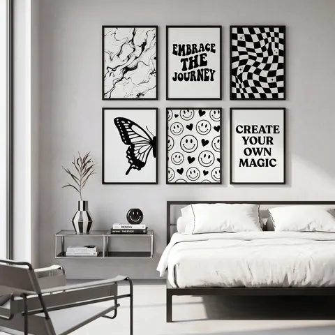 Moderne Minimalistische Smiley Canvas Wandkunst Set Zwart Wit Schaakbord Vlinder Prints Voor Woonkamer Slaapkamer Decor