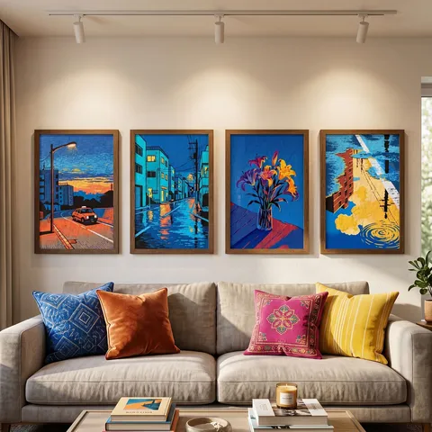 Blue Toned City Floral Canvas Wall Art Unframed Diatom Mud Art Core Modern Abstract Cityscape Painting Set For Living Room Bedroom Decor