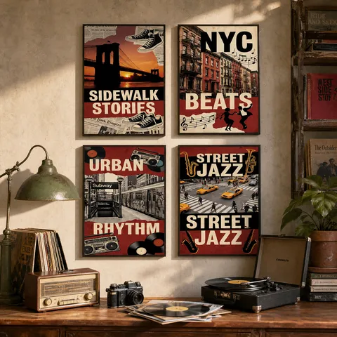 Vintage City Landscape Jazz Music Canvas Wall Art Unframed Retro NYC Street Scene Posters For Living Room Bedroom Background Decor