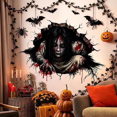 Halloween Ghost Break Through Wall Sticker 3D Stereoscopic Scary Female Ghost Floor Decal Waterproof PVC Home Halloween Party Decor