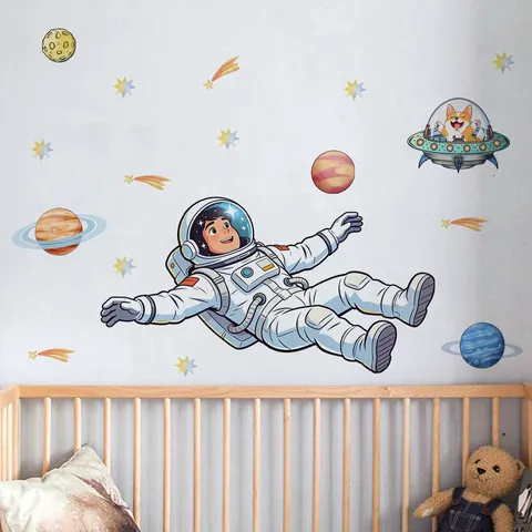 Astronaut Planet Space Wall Stickers For Kids Room Bedroom Decor Self Adhesive PVC Cartoon Astronaut Rocket Star Wall Decals