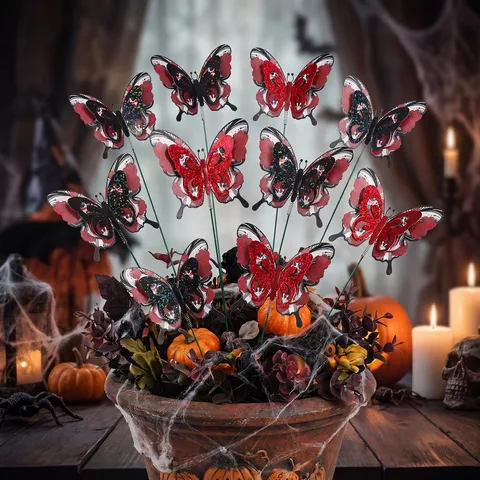 Halloween Butterfly Garden Stakes Gothic Skull Rose Pattern PVC Simulation Butterfly Ornaments Waterproof Outdoor Yard Lawn Decor Decorative Stakes