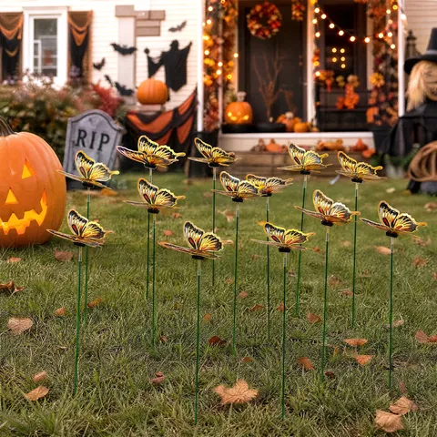 Halloween Butterfly Garden Stakes Gothic Skull Rose Pattern PVC Simulation Butterfly Ornaments Waterproof Outdoor Yard Lawn Decor Decorative Stakes