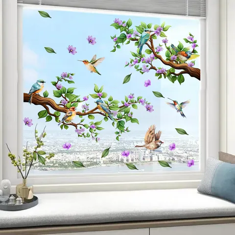 Bird Branch Flower Static Window Stickers PVC Double Sided Visible Glue Free Removable Glass Decals Butterflies Floral Home Office Window Decor