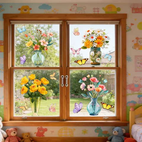 Colorful Floral Potted Plant Butterfly Static Window Cling Double Sided Visible Removable Glass Sticker For Home Decoration