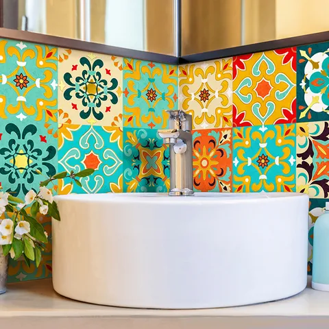 Vintage Gold Foil Mosaic Tile Wall Stickers Multicolor Geometric Floral PVC Waterproof Decals For Kitchen Dining Room Home Decoration