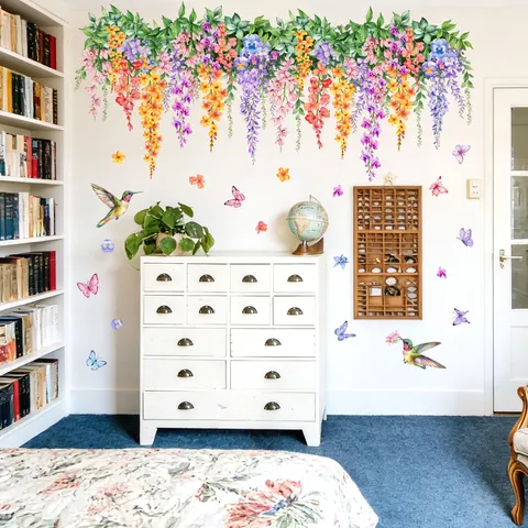 Bunte Florale Ranke Schmetterling Wandtattoo Abnehmbare Vinyl Blumen Pflanzen Wandaufkleber Für Kinderzimmer Zuhause Deko