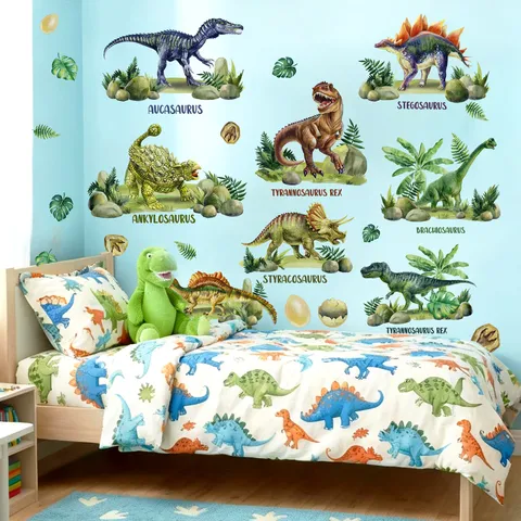 Pegatinas de Pared de Dinosaurio Acuarela para Habitación Infantil Patrón de Dinosaurio Realista Nombre Inglés Vinilos PVC