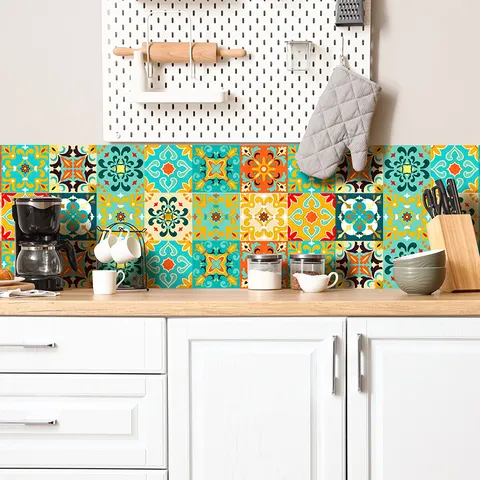 Vintage Gold Foil Mosaic Tile Wall Stickers Multicolor Geometric Floral PVC Waterproof Decals For Kitchen Dining Room Home Decoration