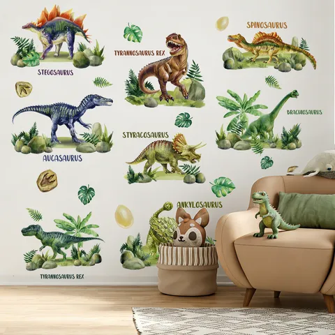 Pegatinas de Pared de Dinosaurio Acuarela para Habitación Infantil Patrón de Dinosaurio Realista Nombre Inglés Vinilos PVC