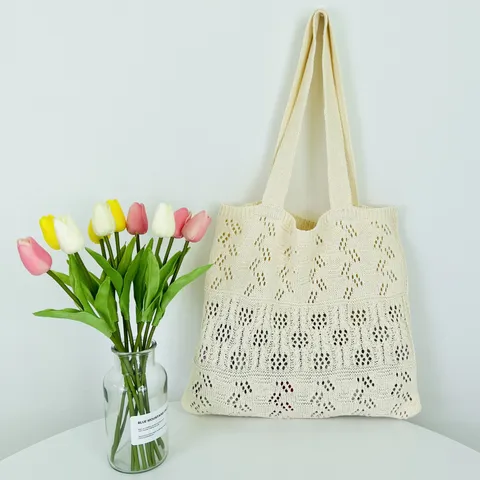 Minimalistisch Polyester Gestrickt Tote Bag Für Damen Ausgehöhlt Geflochten Strand Häkeln Schulter Handtasche Alltag Lässig Einkaufstasche