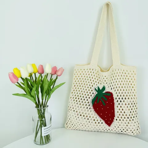 Damen Gestrickte Erdbeere Tragetasche Japanischer Koreanischer Stil Ajouré Häkeln Schultertasche Für Strand Urlaub Täglich Lässig Polyester Handtasche