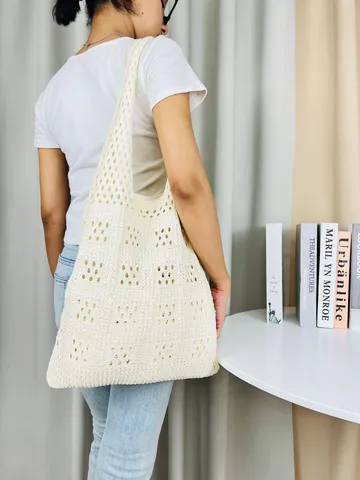 Vintage Strick Ausschnitt Einkaufstasche Große Kapazität Damen Schulter Strandtasche Retro Gewebte Häkeltasche Lässige Shopper Tasche