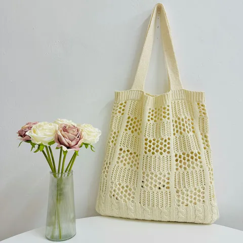 Damen Casual Gestrickt Ausgeschnitten Umhängetasche Große Kapazität Polyester Netz Tote Strand Handtasche