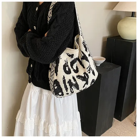 Damen Casual Strick Umhängetasche Farbblock Geometrisch Alphabet Gestrickt Tote Handtasche Hobo Bag Große Kapazität Weberei Shopper