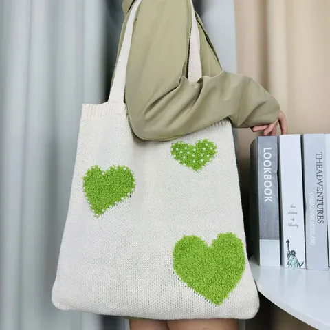 Damen Casual Polyester Gestrickt Tote Bag Herz Muster Künstliche Perle Dekor Große Kapazität Umhängetasche Handtasche Alltäglich Offene Tasche Einkaufstasche