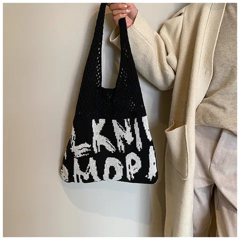 Damen Gestrickte Buchstabe Tote Bag Große Kapazität Häkel Schultertasche Ins Stil Gewebte Handtasche Lässige Einkaufstasche