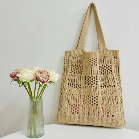 Damen Casual Gestrickt Ausgeschnitten Umhängetasche Große Kapazität Polyester Netz Tote Strand Handtasche