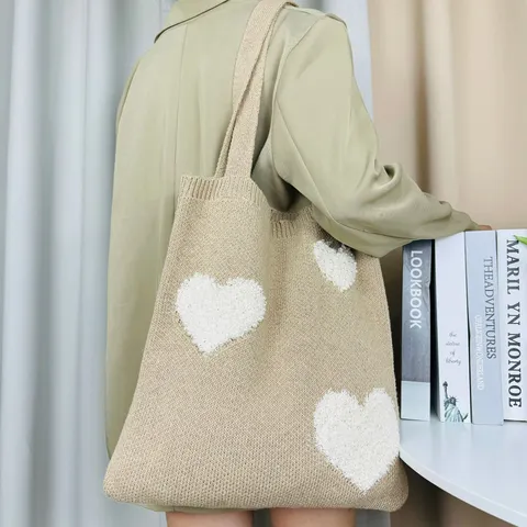Damen Casual Polyester Gestrickt Tote Bag Herz Muster Künstliche Perle Dekor Große Kapazität Umhängetasche Handtasche Alltäglich Offene Tasche Einkaufstasche