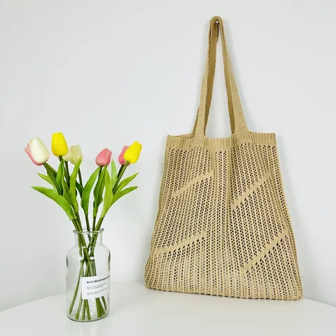 Dames Gebreide Ajour Tote Bag Grote Capaciteit Handgeweven Polyester Schoudertas Voor Strand Reizen Mode Dagelijkse Handtas