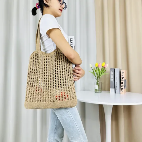 Damen Ausschnitt Gestrickt Umhängetasche Einfarbig Häkeln Tragetasche Handgemacht Gewebt Strandtasche Casual Große Handtasche