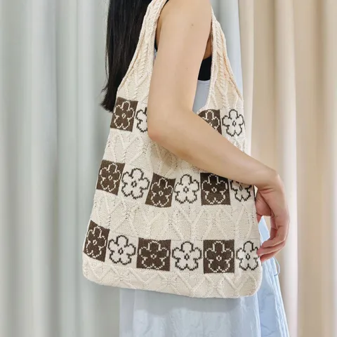 Women Knitted Flower Tote Bag Large Capacity Crochet Geometric Plaid Shoulder Bag Casual Vintage Polyester Shopping Handbag