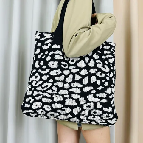 Damen Gestrickt Leopardenmuster Totebag Große Kapazität Lässige Schultertasche Offen Polyester Webtasche Tägliche Einkaufstasche