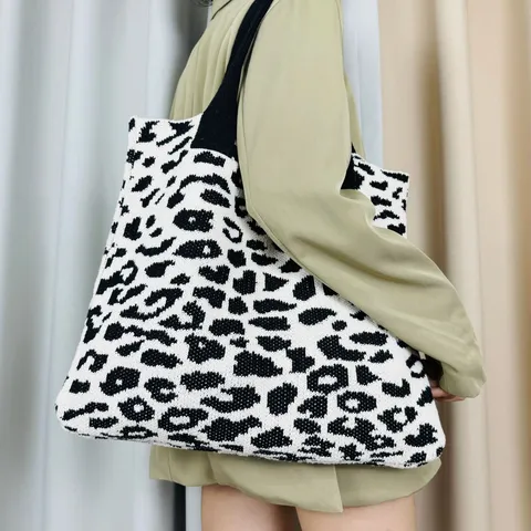 Damen Gestrickt Leopardenmuster Totebag Große Kapazität Lässige Schultertasche Offen Polyester Webtasche Tägliche Einkaufstasche
