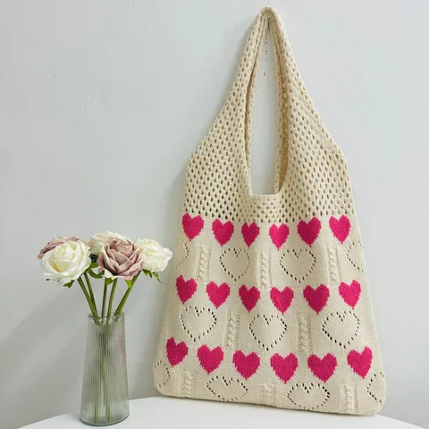 Damen Gestrickte Herz Einkaufstasche Hohl Gehäkelte Schultertasche Strand Einkaufstasche Casual Große Kapazität Strick Handtasche