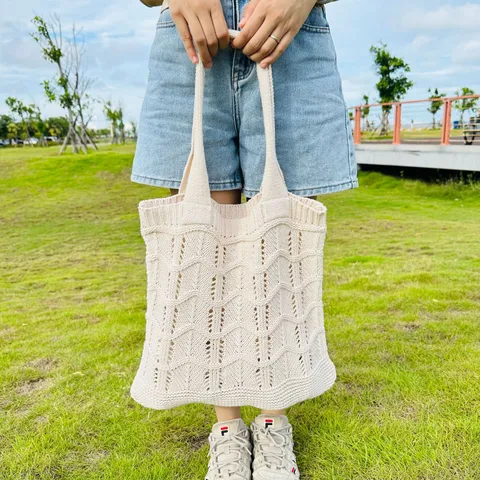 Borsa Tote a Spalla da Donna Casual Lavorata a Maglia Traforata Grande Capacità in Poliestere Intrecciato Borsa da Mare per Uso Quotidiano