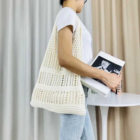 Damen Vintage Gestrickt Ausgehöhlt Tragetasche Große Kapazität Polyester Umhängetasche Lässig Netz Strand Geflecht Handtasche Alltäglich